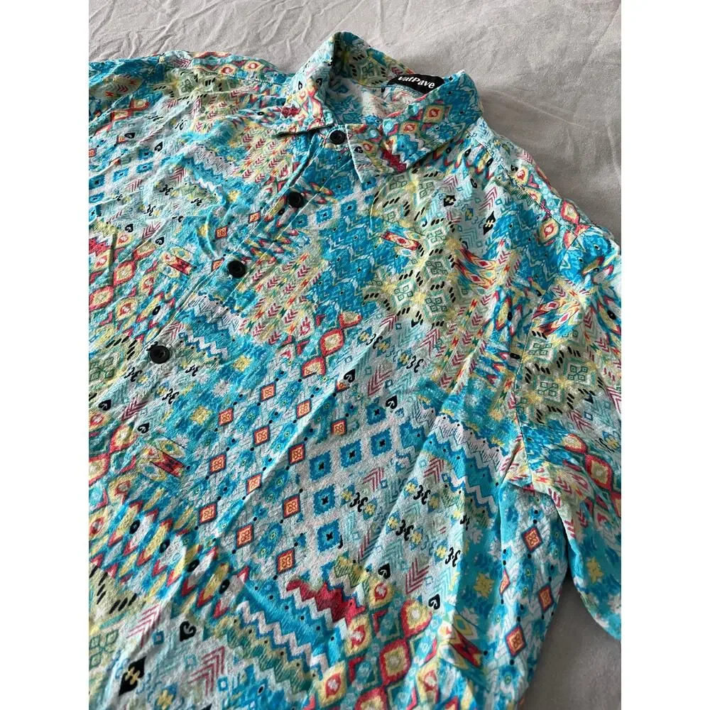 Vat Pave Abstract print Button Up Short Sleeve Top SZ L Cotton Blend - Picture 2 of 9